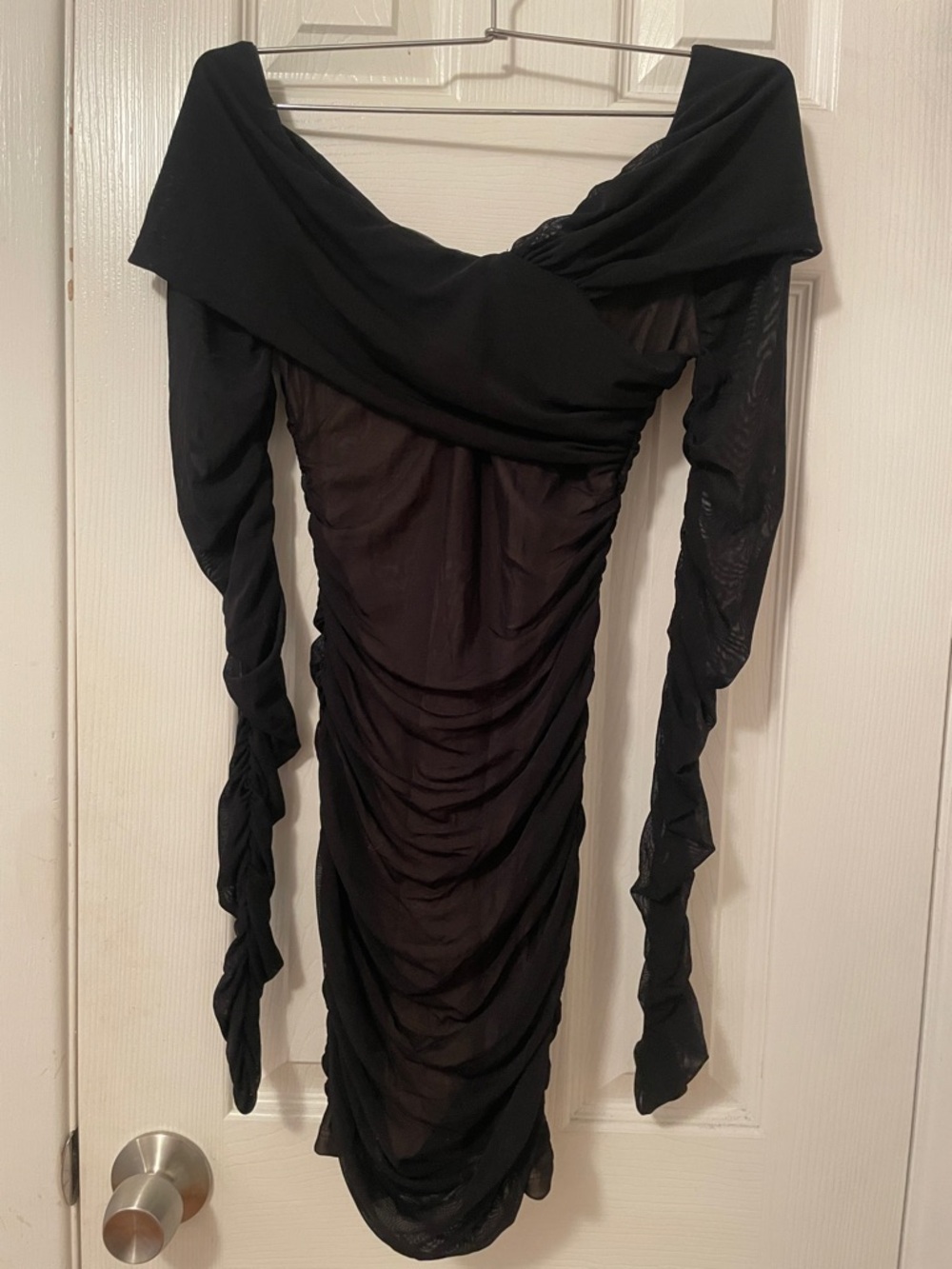 SHEIN Black Sheer Ruched Off-Shoulder Long Sleeve Dress